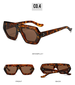 Three views of retro tortoise shell sunglasses with dark lenses and gold rivet accents