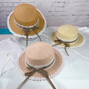 Women Girls Straw Boater Hat Lace Trim Plaid Bow Flat Top Sun Protection Summer Beach Vacation Pastoral Style