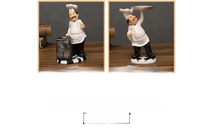 Detail of vintage resin chef figurines featuring storage bucket and serving tray styles