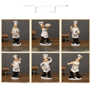 Collage showing six resin chef figurines in various poses for kitchen and cafe decor