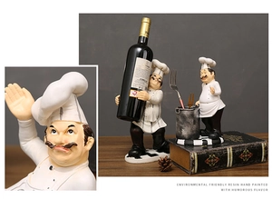 Detail of hand-painted resin chef wine rack and utensil holder for kitchen decor