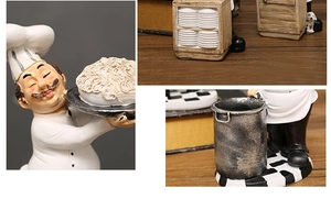 Detail view of American vintage resin chef figurine with metal bucket and wooden box