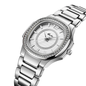 Detailed macro view of Miss Fox silver watch with diamond bezel and silver dial