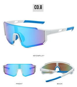 Three-view display of white cycling sunglasses C0.8 with blue colorful mirrored lens