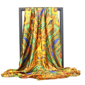Vintage golden paisley print satin silk scarf 90x90cm in bohemian colorful pattern