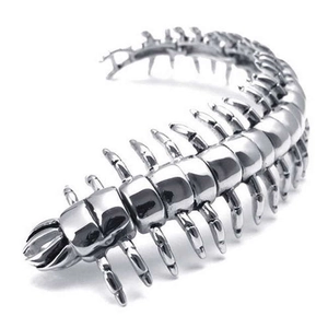 Mens stainless steel centipede bracelet with silver finish and mechanical link design