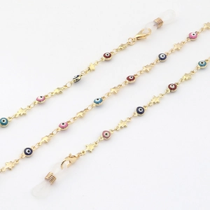 Handmade gold eyewear chain with colorful evil eye enamel beads and star charms