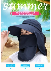 Dettaglio cappello parasole blu scuro con maschera rimovibile e protezione nuca traspirante