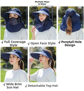 Dettaglio cappello parasole blu navy con visiera rimovibile e protezione per collo e viso