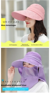 Dettaglio cappello parasole con maschera traspirante e pizzo per protezione UV