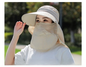 Dettaglio cappello parasole beige con maschera rimovibile e tessuto a rete traspirante