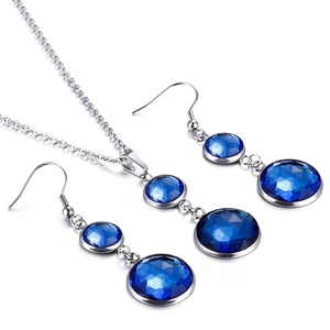 Elegant titanium steel jewelry set featuring round blue crystal necklace and earrings