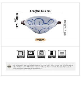 Ceramic dip bowl with handles showing 14.5x10.5x4cm dimensions and appliance icons