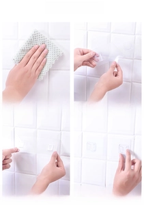 Detailed four-step installation guide for transparent adhesive wall hooks on tile