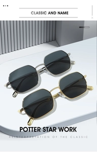 Detail of polygonal metal sunglasses in gold and silver frames on a white display stand