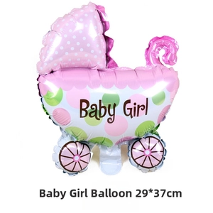 Pink stroller-shaped foil balloon with Baby Girl text for 1st birthday party decoration
