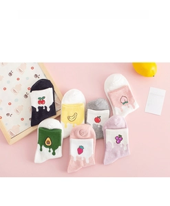 Detailed set of seven pairs of cotton crew socks featuring cute fruit embroidery patterns