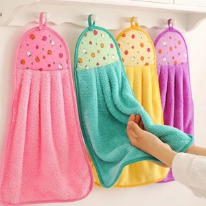 Hanging Hand Towels Soft Coral Fleece Highly Absorbent Kitchen Bathroom Microfiber Cartoon Fruit Apple Print