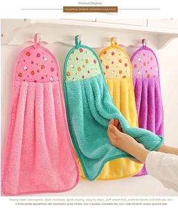 Absorbent coral velvet hand towel set in four colors with fruit pattern hanging loops