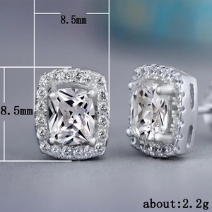 Classic halo square zircon stud earrings in silver finish with 8.5mm outer diameter
