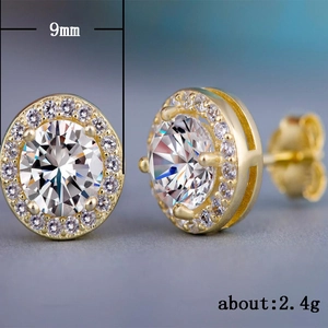 Macro detail of 9mm halo cubic zirconia stud earrings in gold-plated settings