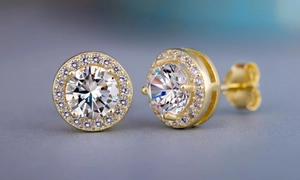 Elegant gold halo stud earrings featuring round brilliant cubic zirconia stones