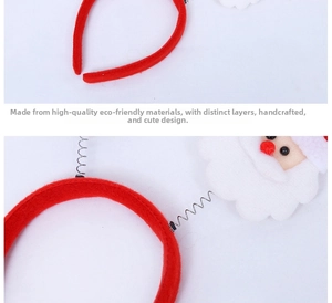 Detail view of Christmas headband with red felt band and spring-mounted Santa Claus figures