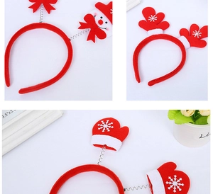 Close-up of festive Christmas headbands featuring snowmen and red holiday bows