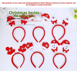 Flat lay of six festive Christmas headbands featuring Santa, reindeer, and snowman designs