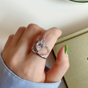 925 Sterling Silver Heart Zircon Ring Crown Link Chain Adjustable Chic Minimalist Korean Style Women Jewelry