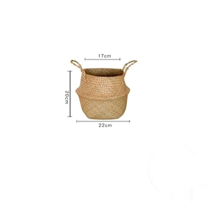 Detailed dimensions of the woven straw plant basket with handles and natural brown finish