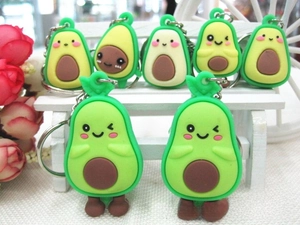 Detail of cartoon avocado keychain made of green silicone with cute facial expressions