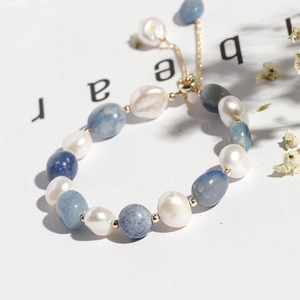 Handmade Baroque pearl and blue aventurine beaded bracelet with adjustable gold slider clasp