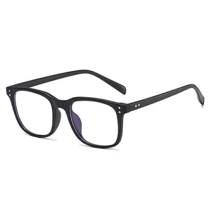 Classic matte black square TR90 eyeglass frames with silver rivets and anti-blue light lenses