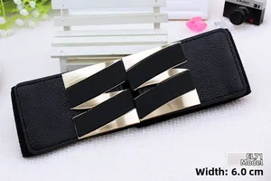 Detail view of 6.0cm wide elastic waist belt with gold geometric interlocking buckle