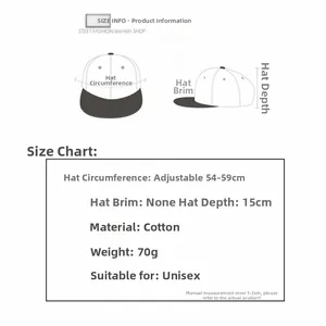 Size chart for unisex cotton brimless cap showing 54-59cm circumference and 15cm depth
