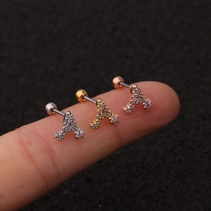 Three-piece set of letter A stud earrings in silver, gold, and rose gold with crystals