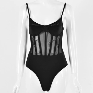 Detailed view of black mesh patchwork bodysuit with sheer corset-style boning structure