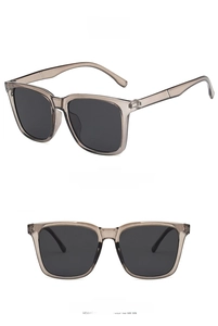 Front and side view of square light gray sunglasses with dark gray tinted lenses