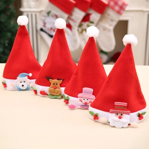 Red felt Christmas hats for kids featuring polar bear, reindeer, snowman, and Santa motifs