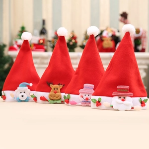 Set of 4 red Christmas hats with cute cartoon bear, reindeer, snowman and Santa decorations
