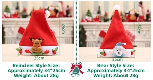 Detailed view of handmade Christmas hats with elk and polar bear plush patches