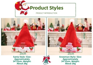 Detail of Santa and Snowman Christmas hats with size specs and festive 3D cartoon designs