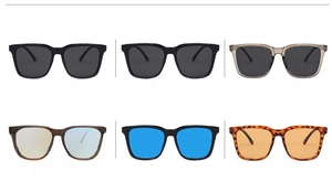 Six color options for square sunglasses including black, gray, and leopard print styles