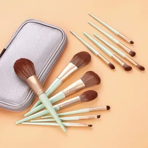 Detailed view of 10-piece makeup brush set in mint green with silver leather zip case
