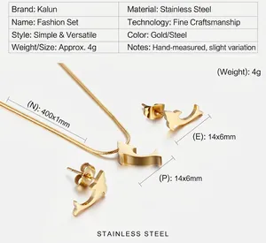 Technical drawing showing golden dolphin jewelry set dimensions and stainless steel specs