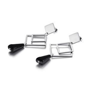 Silver geometric square titanium earrings with faceted black crystal drop pendants
