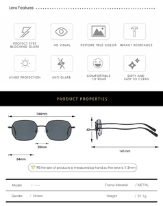 Detailed dimension guide of black geometric metal sunglasses with UV400 protection features