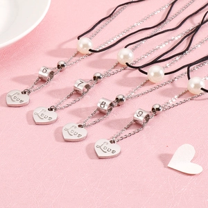 Collier Double Couche Acier Inoxydable Pendentif Coeur Love Künstliche Perle Imitation Corde Noire Cylindre Numérique Bijoux Mode