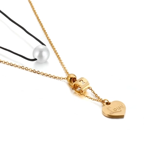 Two-piece gold-plated heart and pearl necklace set with Love and number 2 engraving